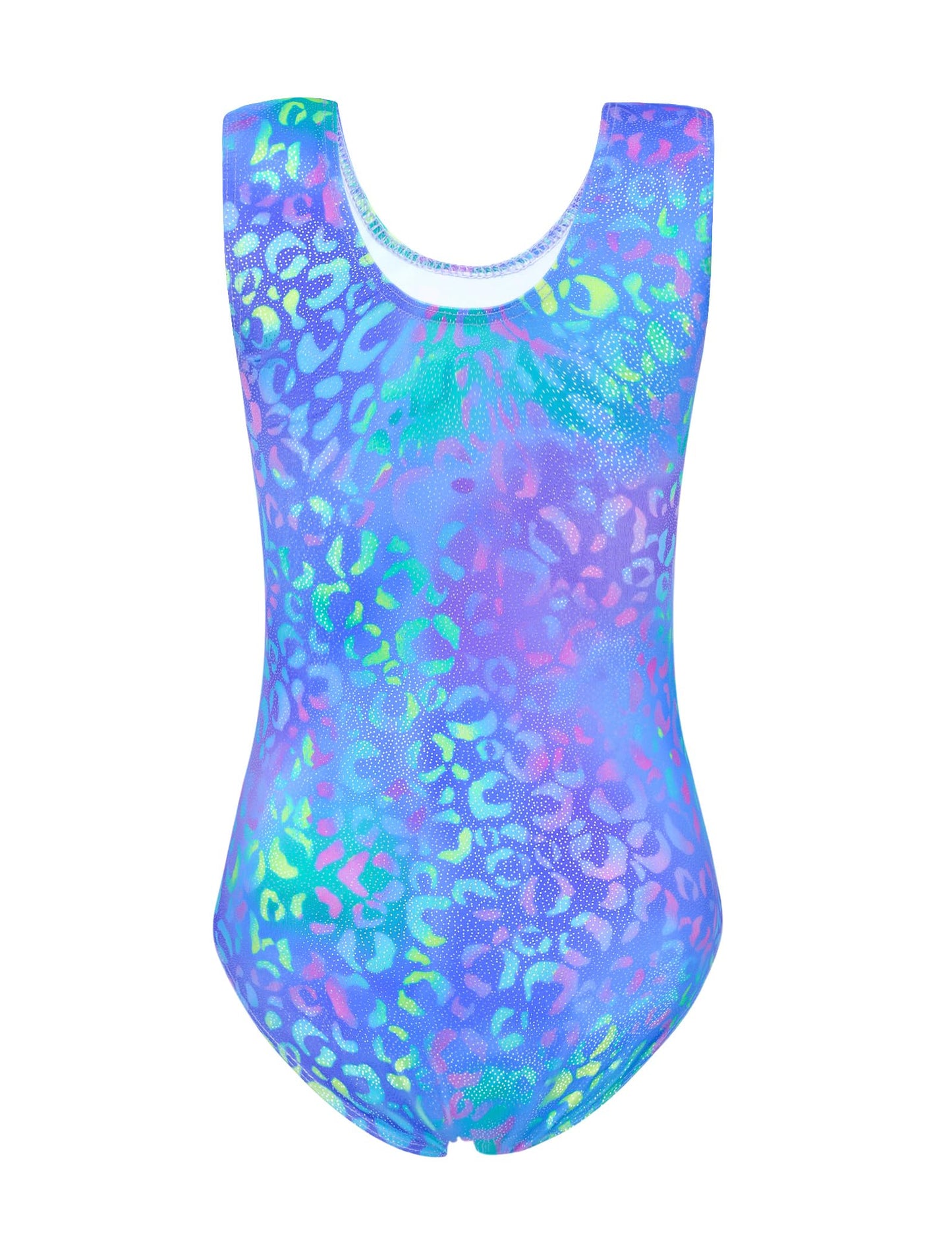 Jinhiteam Girls Leotards for Gymnastics 5-6 Years Old Shiny Blue Leopard Sleeveless Tank Bodysuits with Shorts Kids Gym Leos