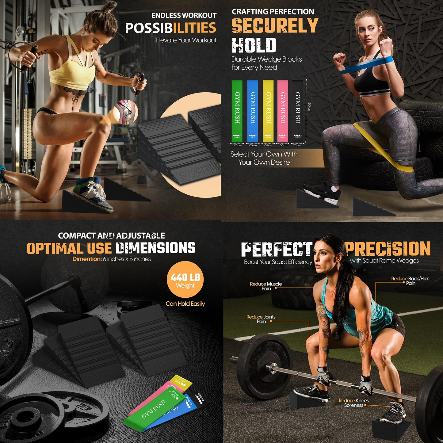 GYMRUSH Squat Wedge Block 6PCS, Resistance Bands 5PCS, Adjustable Non-slip Rubber Squat Ramp, Weight Lifting, Deadlift, Calf stretcher, Slant board, Improve Mobility Balance and Strengthen Performance