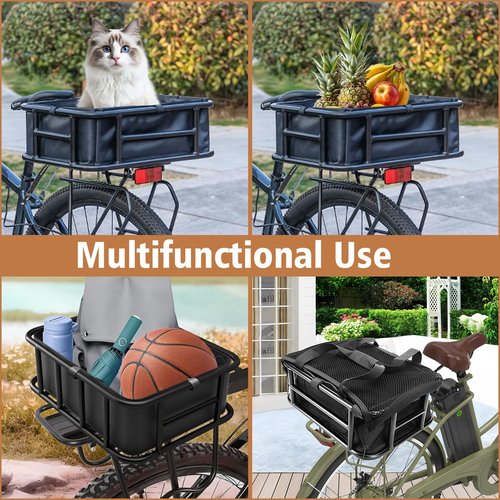 Bike Basket Rear, Bicycle Basket with Liner,Waterproof Cover,Cargo Net, Large Bike Back Baskets, Heavy Duty Rear Bicycle Baskets for Most Bikes and E-Bike (Pipe Bike Basket Rear)
