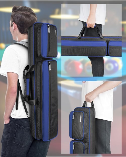 PEKREWS Pool Cue Case, Pool Stick Case 4x5 with Multiple Pockets Holds 4 Butts 5 Shafts, Soft Padded Sturdy Pool Cue Bag, Billiard Cue Backpack with Adjustable Shoulder Straps for Men and Women