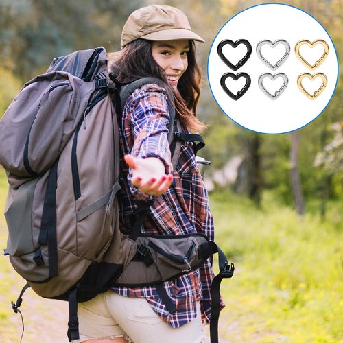 Tyqour 6 Pcs Heart Carabiner Keychain Clip Cute Keychain Hook Heart Shaped Carabiner Key Ring for Camping Accessories, Backpack Water Bottle Zinc Alloy Accessory (Gold, Silver, Black)