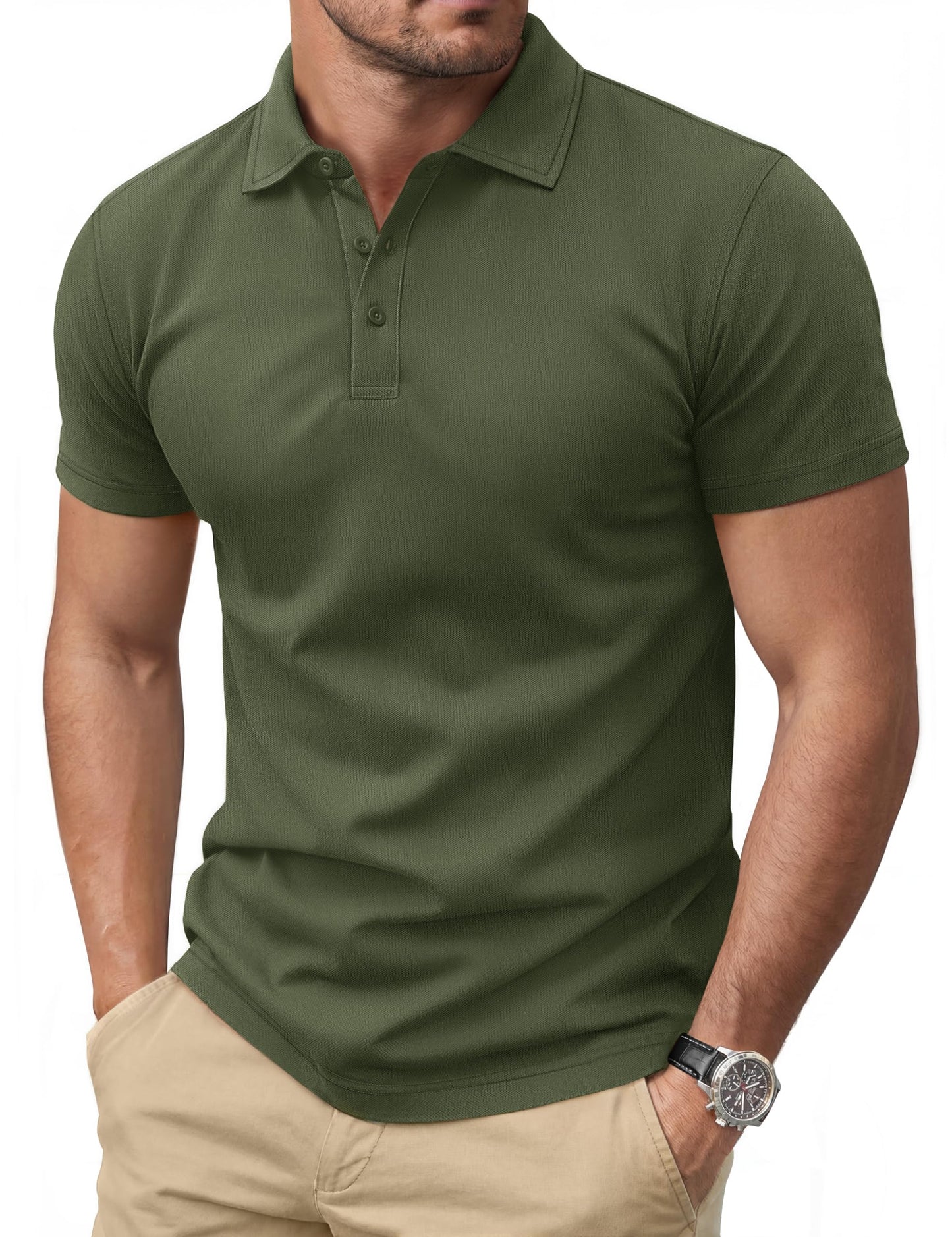 Cotrasen Polo Shirts for Men Cotton Short Sleeve 3 Buttons Classic Fit Casual Performance Soft Cooling Golf Tee Shirts Army Green XL