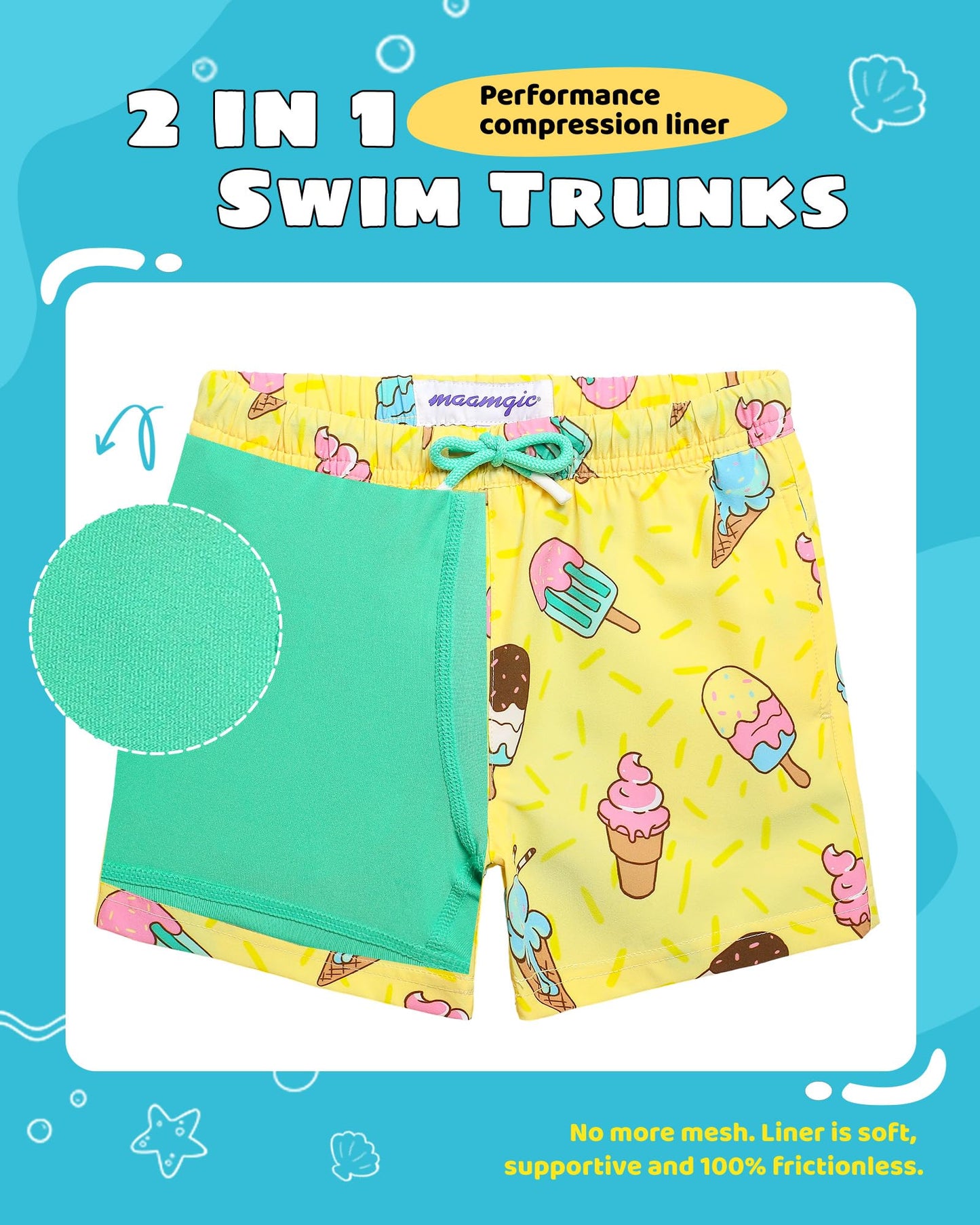 maamgic Boys Swim Trunks with Compression Liner Toddler Stretch Swim Shorts Quick Dry Swimming Trunks Boxer Brief 2 in 1 Beach Shorts Yellow Ice Cream 3T