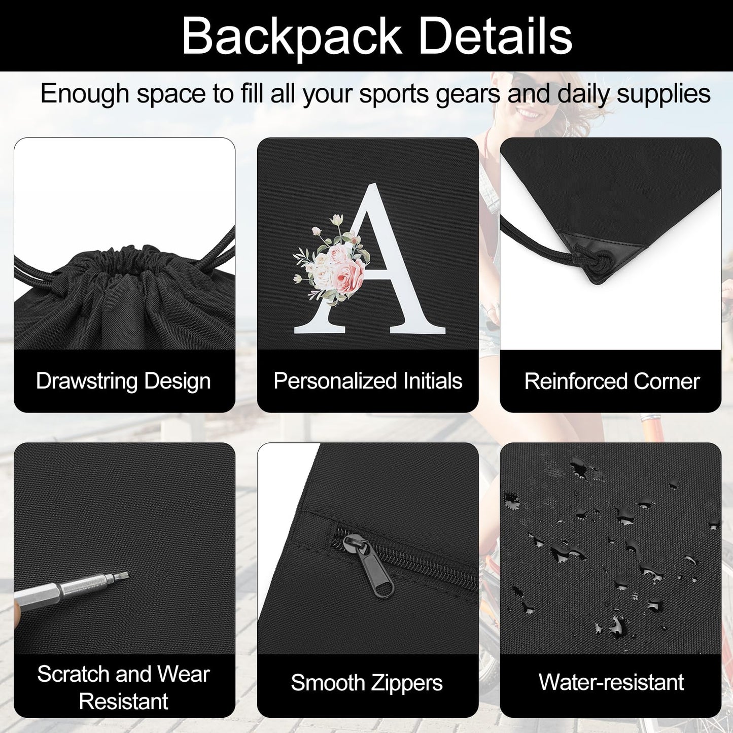 Drawstring Backpack, Personalized Initial Design Drawstring Bags Water Resistant String Bag for Women Men Gym Backpack Track Bag Sackpack Cinch Bags for Sports, Gym, Travel, Beach-Black (Letter J)