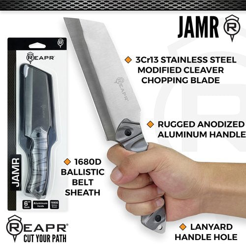 Reapr JAMR 6" Fixed Blade Outdoor Utility Knife with Sheath – Full Tang Cleaver-Style Knife with Chisel Grind Blade and Textured Handle for Camping, Hiking, and Field Use