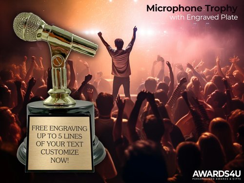 Microphone Trophy Award Personalized - 6” Karaoke Mic Award with Custom Engraving - Golden Singer Trophy for Contest & Music Party Trophy on Black Base - Customized Awards with Your Text