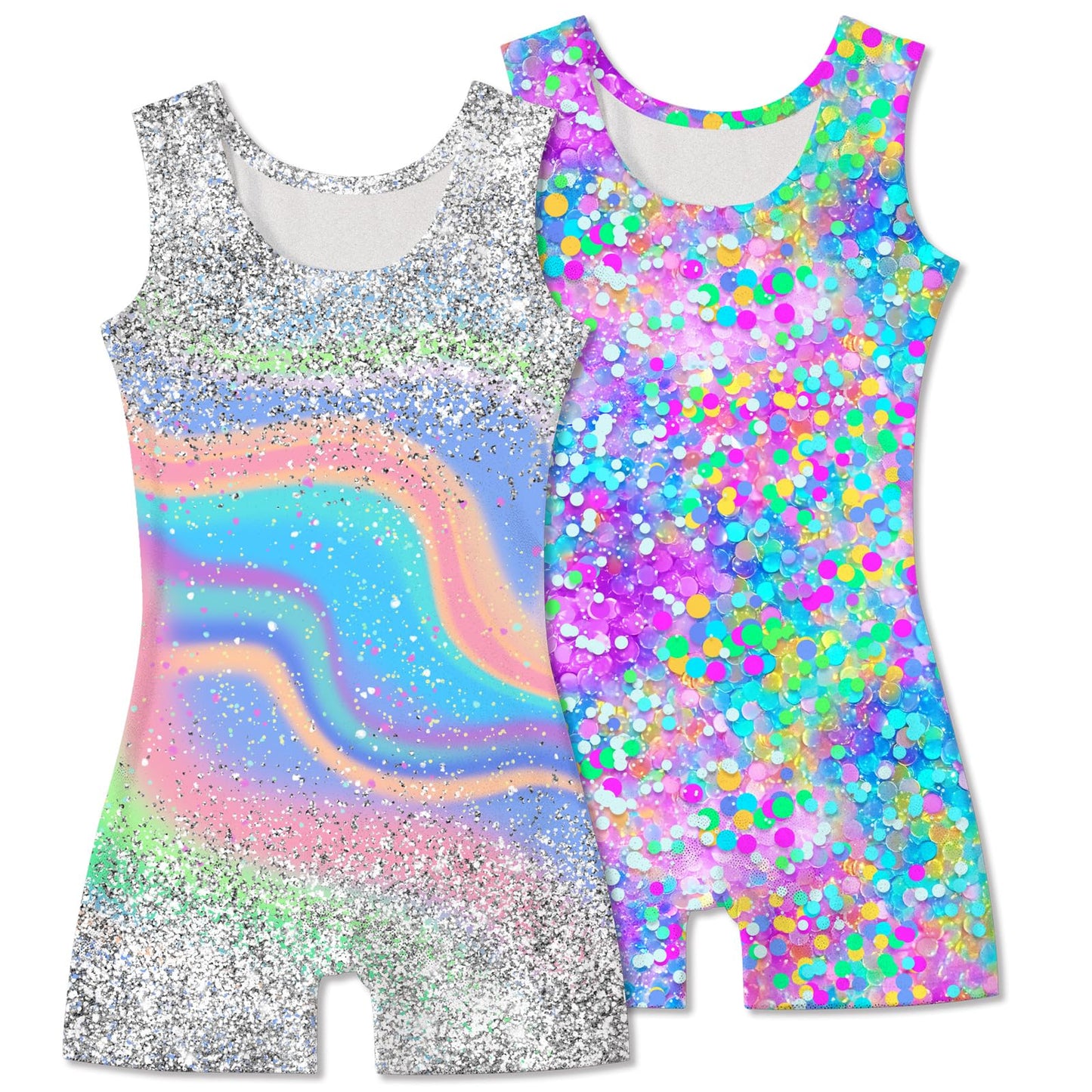 Taubow 2 Packs Gymnastics Leotards for Girls Size 7-8 Kids Biketard with Shorts Gradient Tie Dye Diamond Dance Leotard Size 8