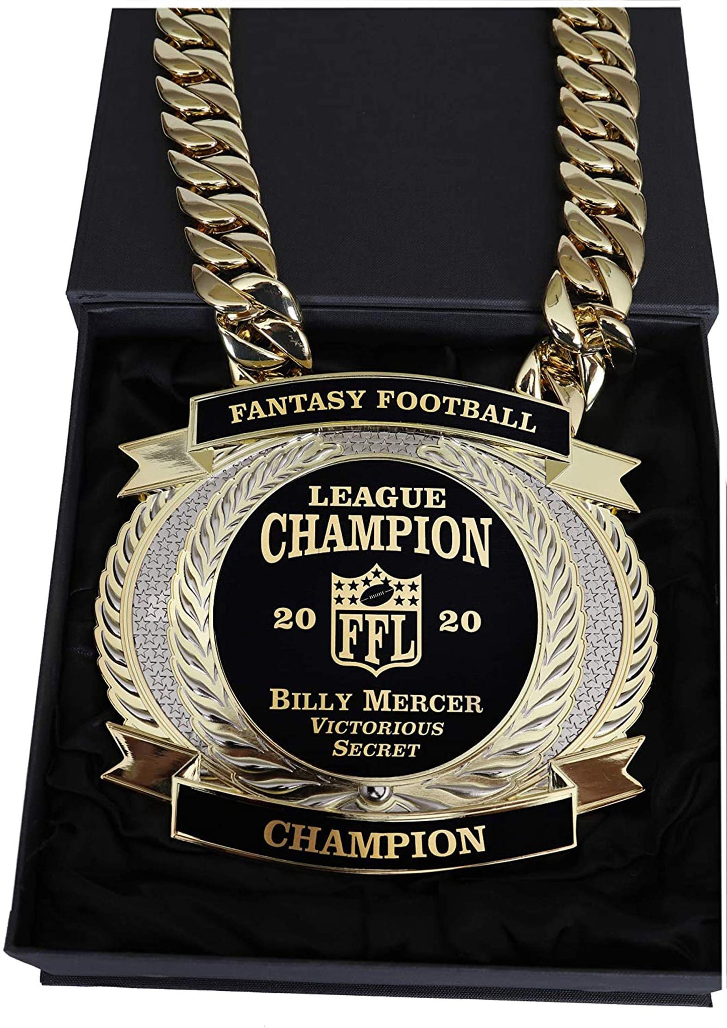 Championship Belt, New Neck Version, Bling Thing, Giant Heavy Neck Chain and Customizable, Personalized, All Sports, Fantasy Football, Sales Contests, Satin Lined Gift Box, Scratch Resistant Engraving