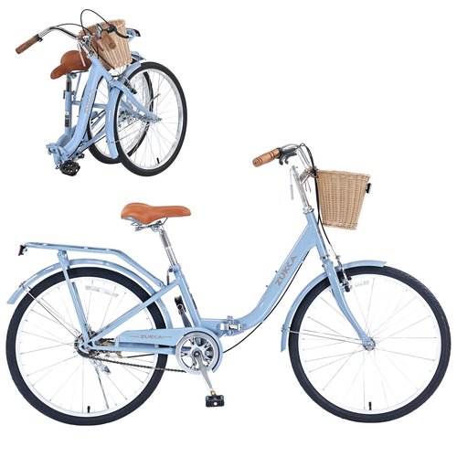 BALINGE 24 Inch Folding Girls Cruiser Bike，1-Speed Foldable Hybrid City Bicycle with Dual Brakes,Wicker Basket & Rear Rack，Adjustable Seat Post&Handlebar，Blue