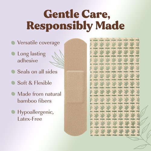 FEBU Eco-Friendly Bamboo Fabric Bandages | PFAS Free Flexible Fabric Bandages | Natural Hypoallergenic Bandage for Scrapes, Cuts & First Aid | Fully Compostable, Latex Free Bandage | 75 Count Strip