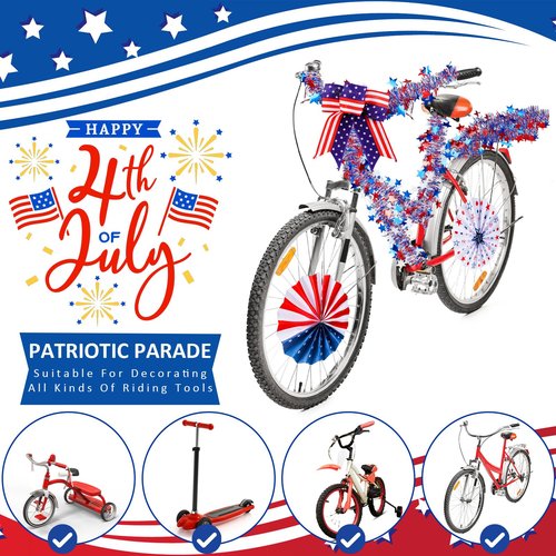Suncalla 4th of July Bike Decoration Kit Parade Patriotic Red White and Blue Tinsel Garlands Bike Streamers American Bow USA Flags Star Stickers Bicycle Decorations for Independence Day