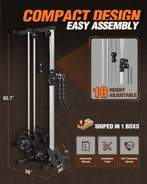 Wall Mount Cable Station, 18 Position Height Adjustable LAT Pulldown Machine with Dual Pulley System, Heavy Duty Cable Crossover Machine for Home Gym Fitness Equipment