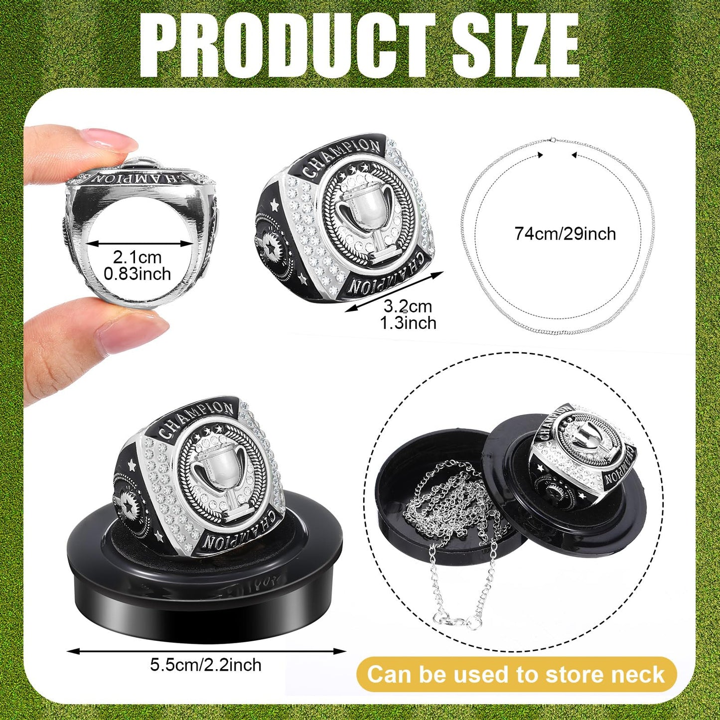 Landical 12 Packs Champion Trophy Rings Mvp Sport Award Gift with Neck Chain and Display Stand Box for Tournament or League Champion Winner(Silver)