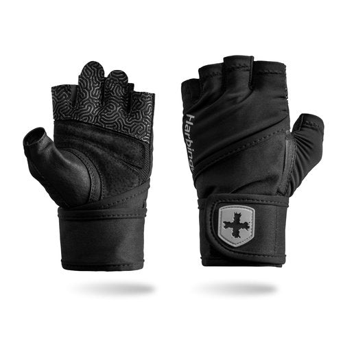 Harbinger Pro Wristwrap Gloves 3.0 - Enhanced Grip, Superior Wrist Support, Breathable 4-Way Stretch Lycra, Durable Leather Palm, Half-Finger Design for Weightlifting, Gym, Black, Large - Men's