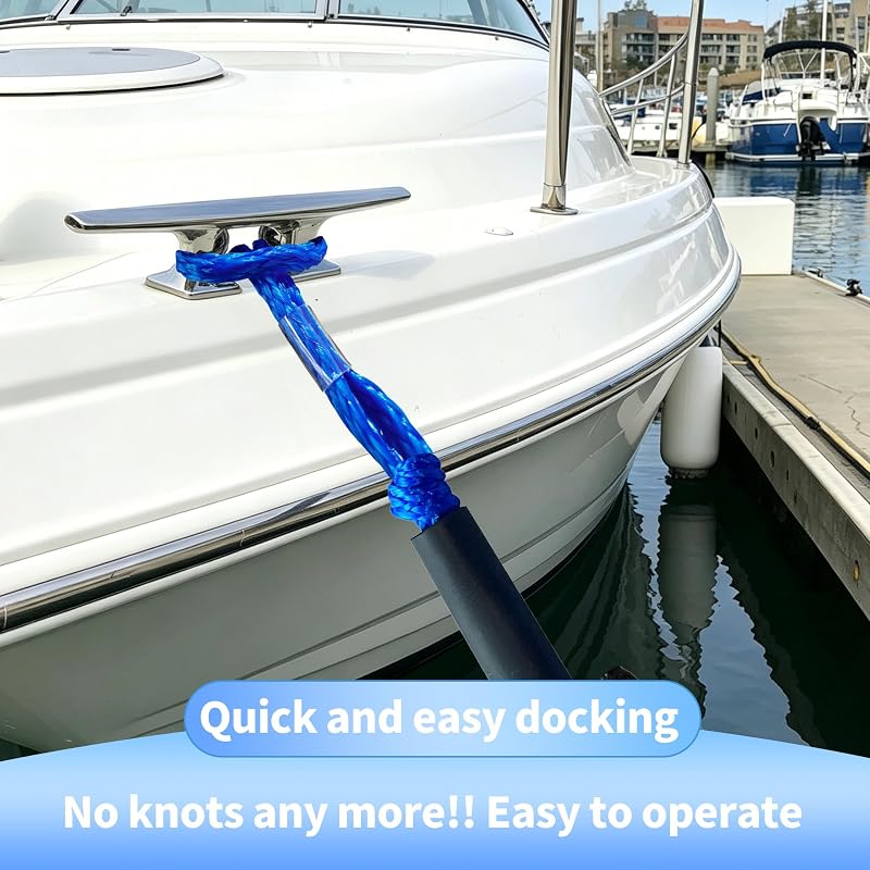 Bungee Dock Line with 316 Stainless Steel Hook, Foam Float — 4ft to 5.5ft, 2 Pack, Blue