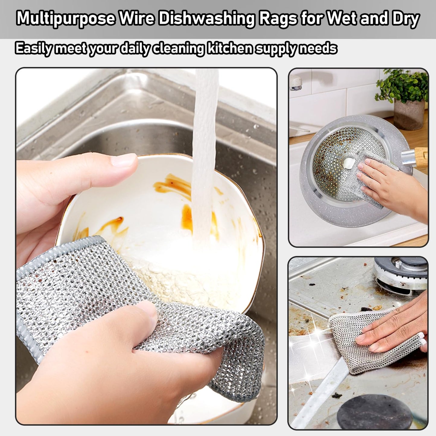 XANGNIER 10 Pcs Non Scratch Wire Dishcloth,2025 New Upgrade Steel Wool Cleaning Cloths for Wet and Dry,Multipurpose Wire Dishwashing Rag,Metal Mesh Miracle Cleaning Cloths for Kitchen,Dishes,Sink