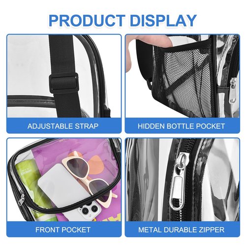 Clear Backpack for Stadium Events Clear Backpack 12x12x6 with Front Pocket for Sport Fashion Events Work Travel-Black