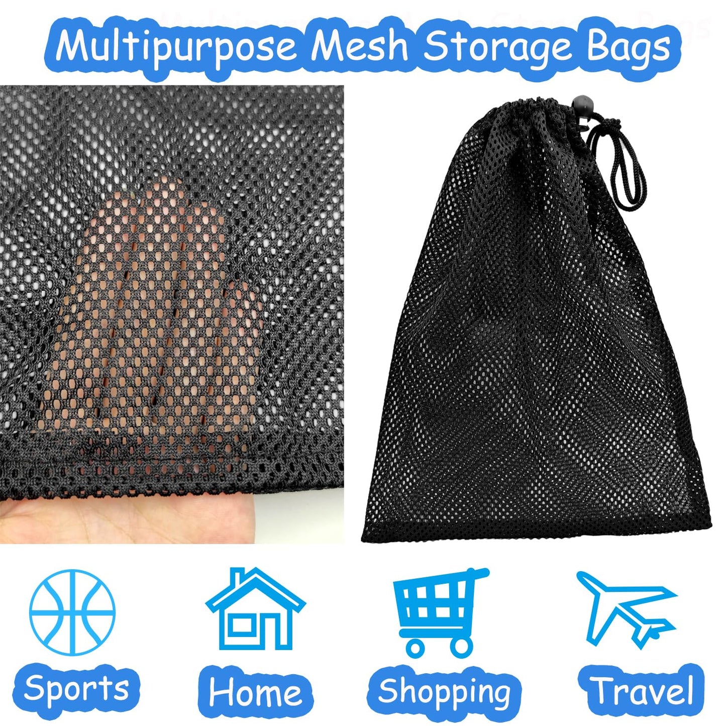 CHENGLAI 6 PCS Mesh Drawstring Bag 12" x 15.7", Durable Sports Equipment Net Bag Multipurpose Mesh Storage Bags for Tennis Ball, Golf Ball, Swimming, Camping and Travel, Black