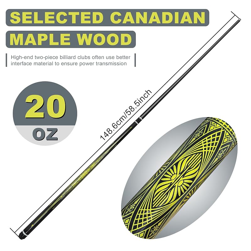 HomeSeason 58in 21oz Fiberglass Pool Cue with 8.3in Extension, Leather Case - 12.5mm Tip, Low-Deflection