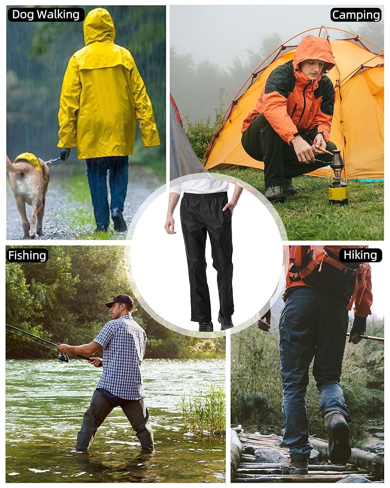 iCreek Men’s Rain Pants Waterproof Breathable Lightweight Over Pants - Black, Medium (30" Inseam)