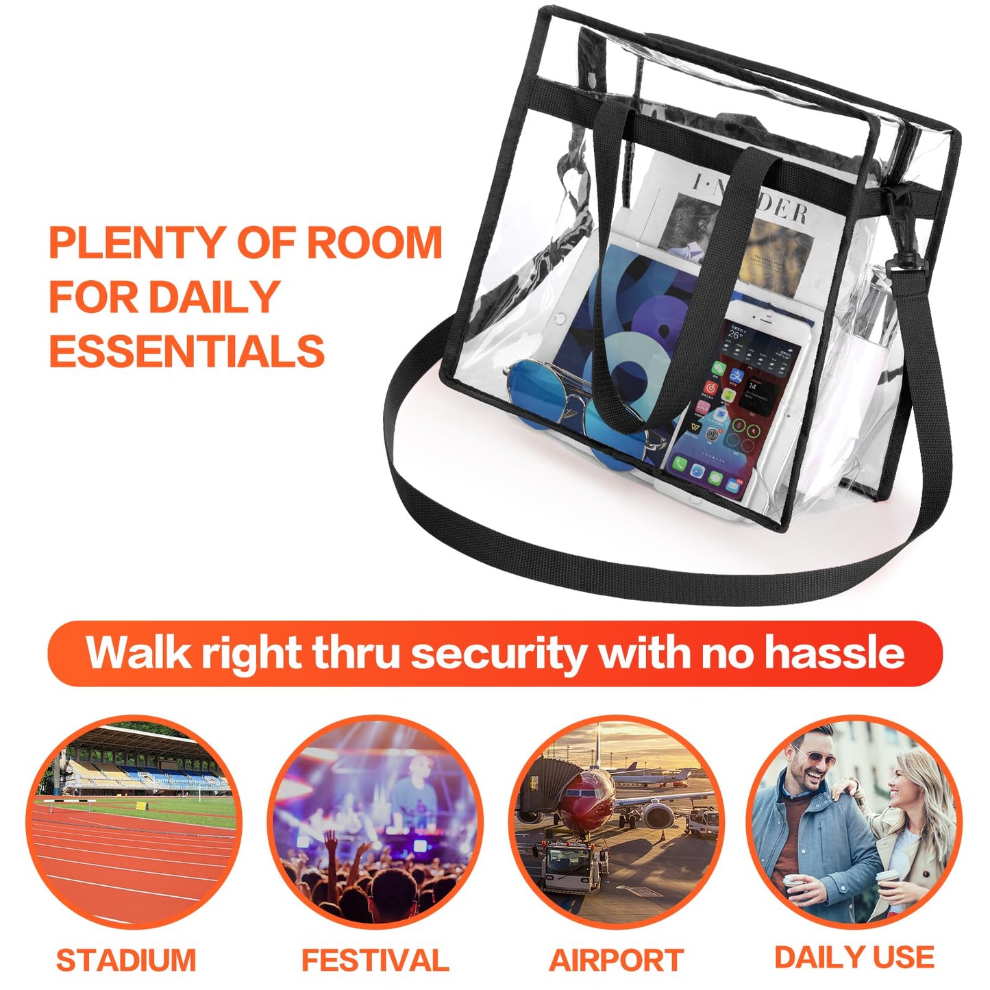 NATURAL STYLE Clear Tote Bag Stadium Security Approved, See Through Clear Handbag Purse Bag for Work, Beach, Stadium, Makeup, Cosmetics