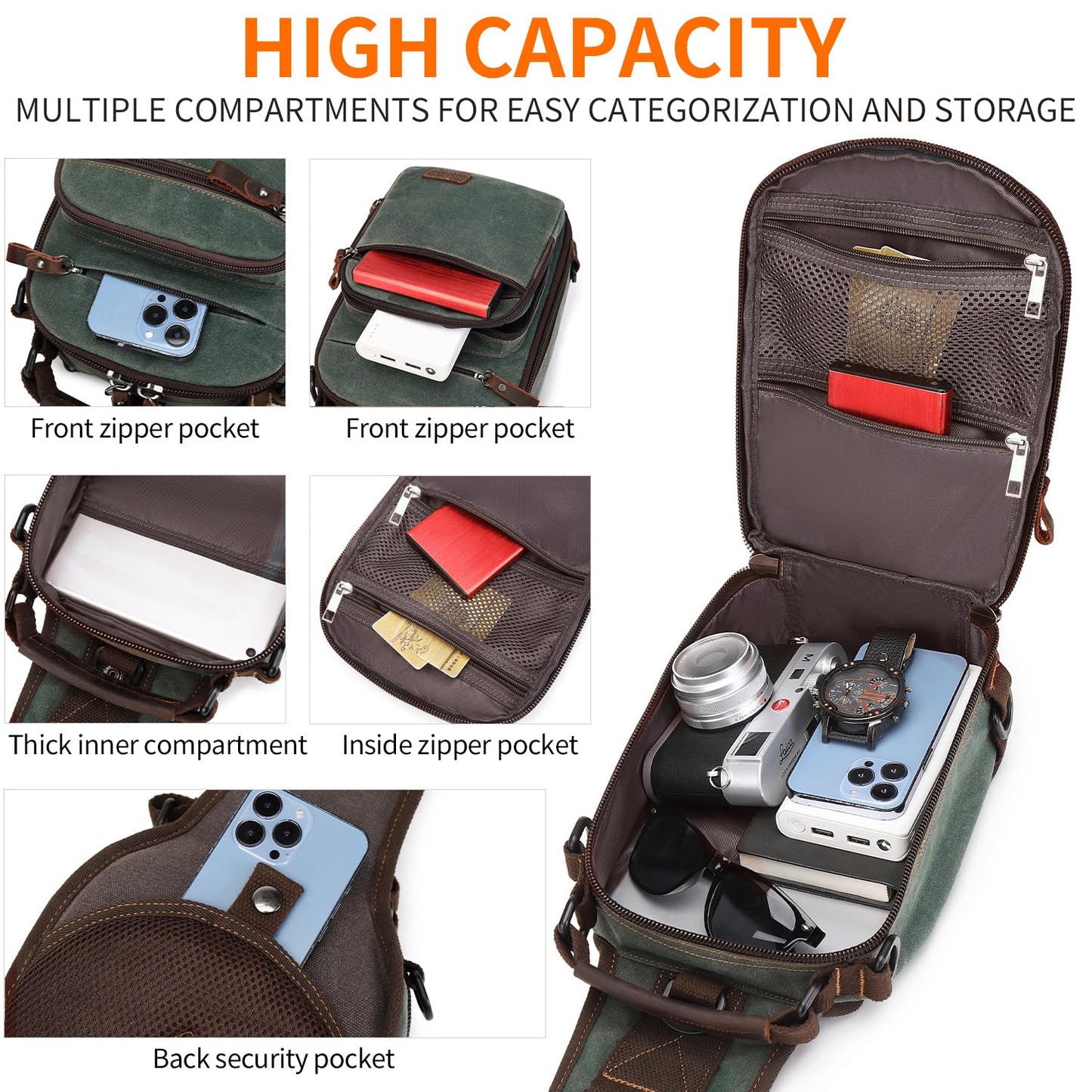 Nerlion Sling Bag for Men Waxed Canvas Crossbody Bag Chest Bag Shoulder Bag Casual Daypack for Travel (Green)