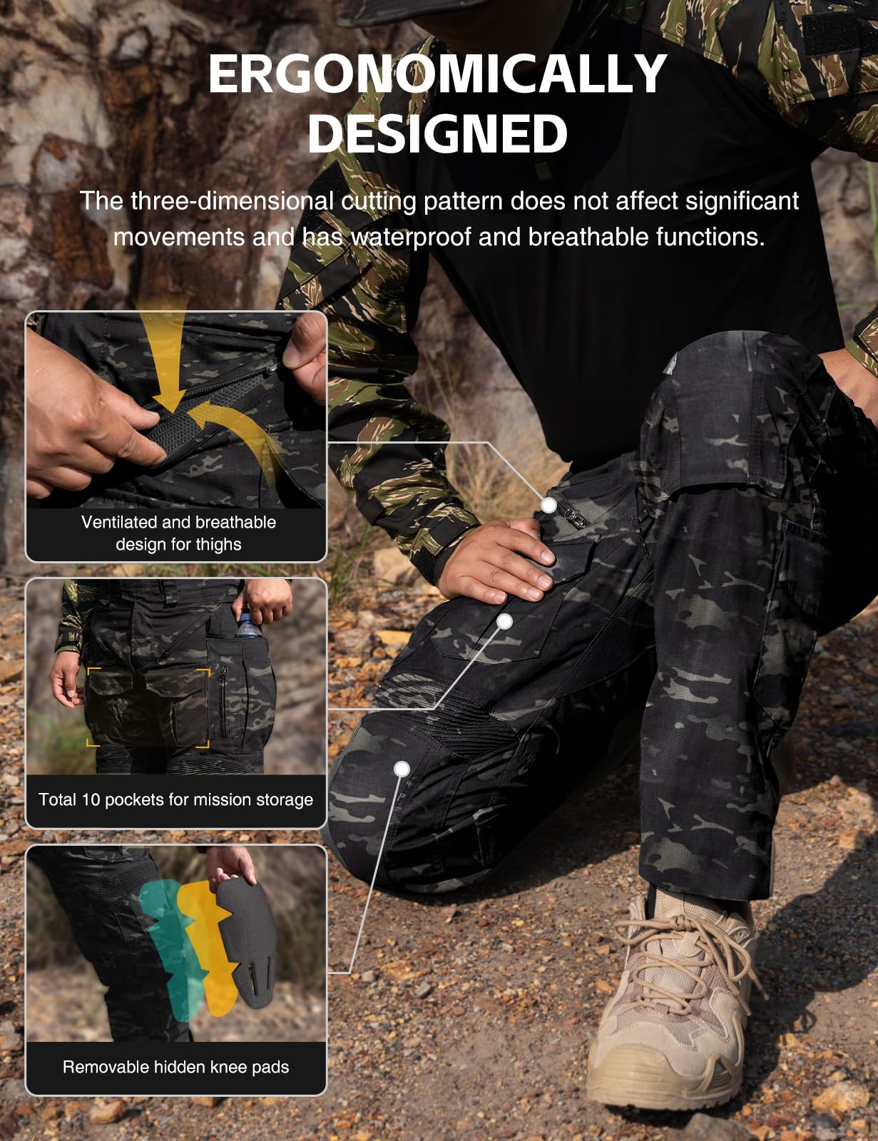 IDOGEAR OUTDOOR G5 Combat Pants Men's Tactical Trousers with Hidden Knee Pad Camo Tactical Gear for Airsoft Hunting Paintball(camo Black,34W x 32L)