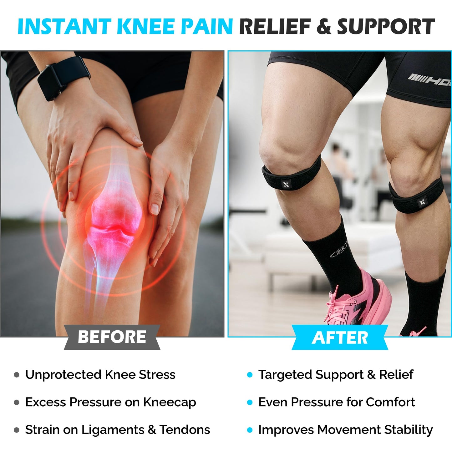 SPINIFLY ExcelRunz Patella Tendon Knee Strap 2 pack, Knee Support, Knee Pain Relief Brace, Running, Hiking, Soccer, Tennis, Gym and Tendonitis - (L-2XL)