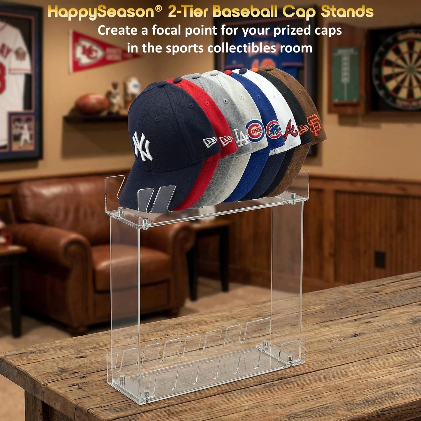 Happyseason 2 Pack 2-Tier Hat Organizer for Baseball Caps, Acrylic Baseball Cap Display Stand, Hat Rack Two Levels, Hat Organizer Shelf for Closet, Hat Holder Holds 28 Caps