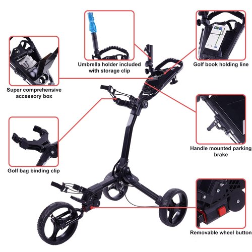 Fitvids Wheel Golf Push Cart - Lightweight Folding Golf Walking Push Cart Trolley Golf Bag Holder, Black