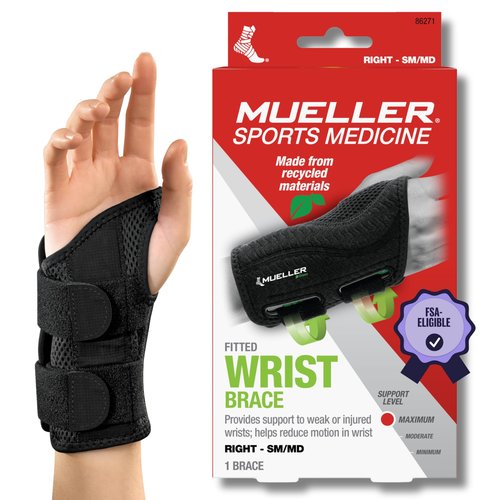 MUELLER Sports Medicine Green Fitted Wrist Brace for Men and Women, Wrist Pain Relief Support, Ideal for Carpal Tunnel, Tendonitis, Arthritis, Right Hand, Black, Small/Medium