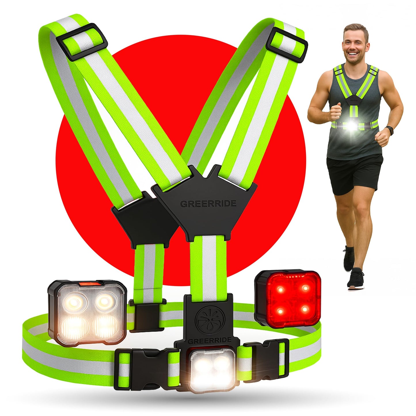GREERRIDE Running Light Vest - Lighted Vest for Night Walking with Removable Rechargeable LEDs, Reflective Safety Gear for Men and Women to Provide High Visibility, Gift for Runners and Bikers