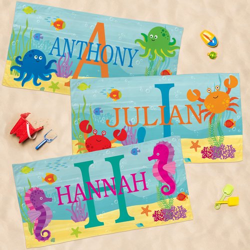 Let's Make Memories Personalized Kids Beach Towel - Custom Monogram & Name with Fun Beach Designs - Soft Cotton/Poly Blend - 60"x30" - Name and Initial Monogram - Standard Size - Crab
