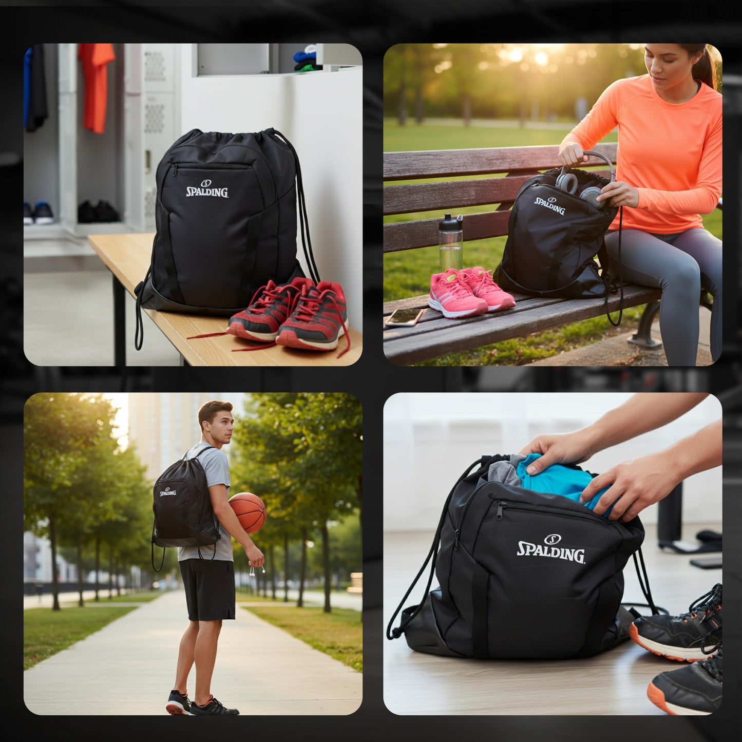 Spalding Drawstring Backpack Sports Bag, Black Waterproof Gym Bag Cinch Sack with Separate Shoe and Ball Holder, for Travel, Basketball, Sports, 4 Pack