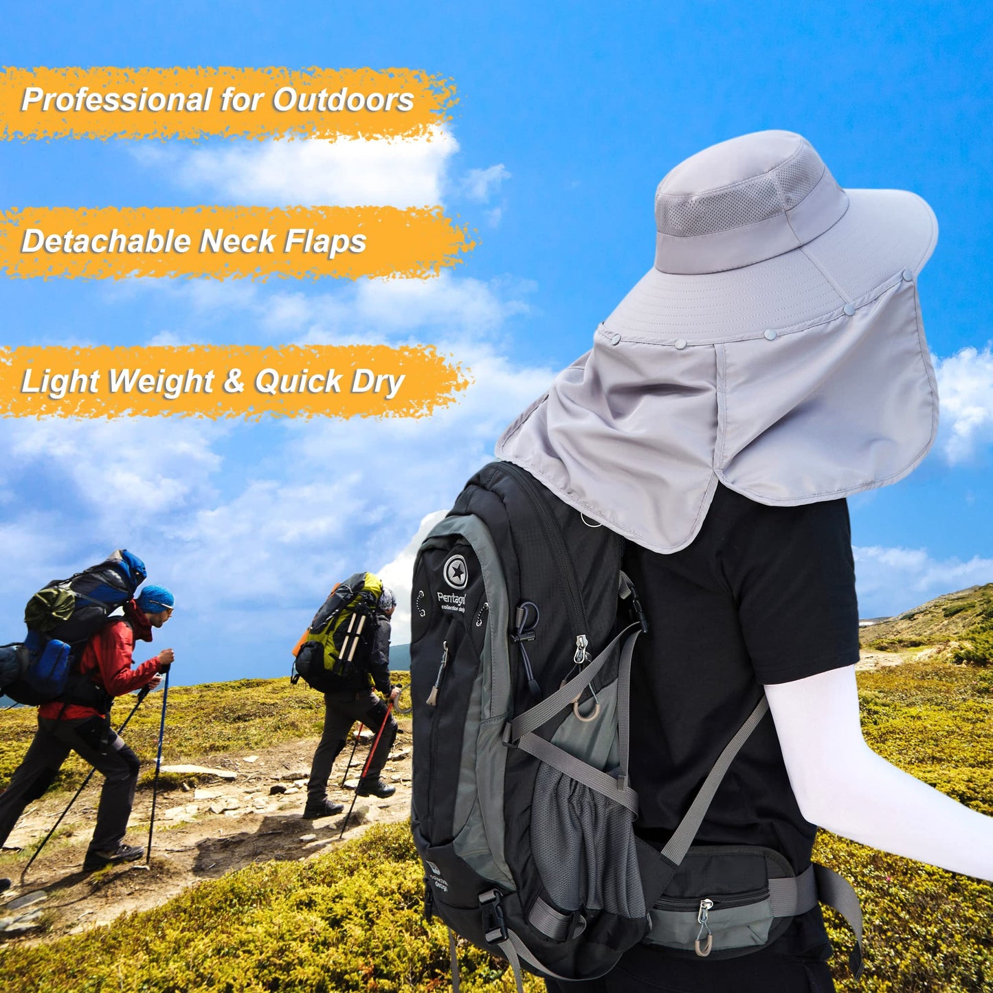 Outdoor Sun Hat for Men with Detachable Neck Flap Cover, Women UV Protection Wide Brim Hats for Safari Fishing Hiking Gardening Bg9215-lightgray