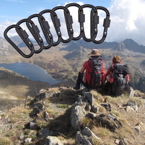 Locking Carabiner Clip, Vonpri 3 Inch D Ring Clips Spring Snap Key Chain Hook Screw Gate Aluminum Carabiners for Outdoor Travel Camping Fishing Hiking Backpack (Black 8pcs)