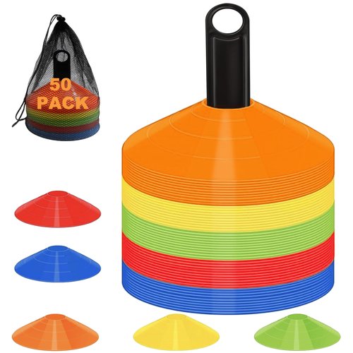 Disc Cones for Sports Training, 25/50 Pack Agility Soccer Cones with Carry Bag and Holder, Soccer, Football, Basketball, Coaching, Practice Equipment, 5 Color