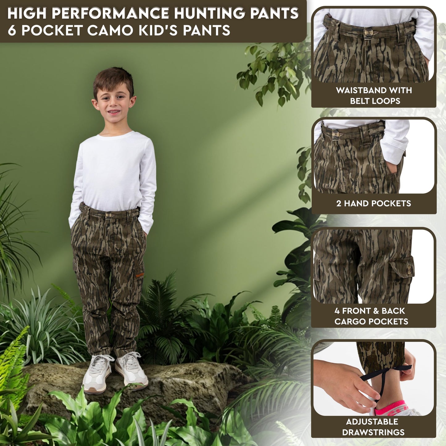 TrailCrest Youth Kids Camo Hunting Cargo Pants | 6 Pockets | Mossy Oak Bottomland, Large