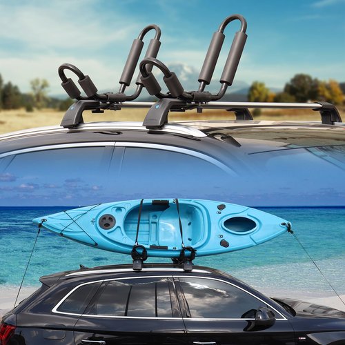 FORWODE Heavy Duty Kayak Roof Rack, 2 Pair J-Bar Kayak Rack with 4 Ratchet Tie, 4 S-Hook Ratchet Straps, 4 Anchor Belts for Kayak Canoe Boat Surf Ski on SUV Car Truck Crossbar