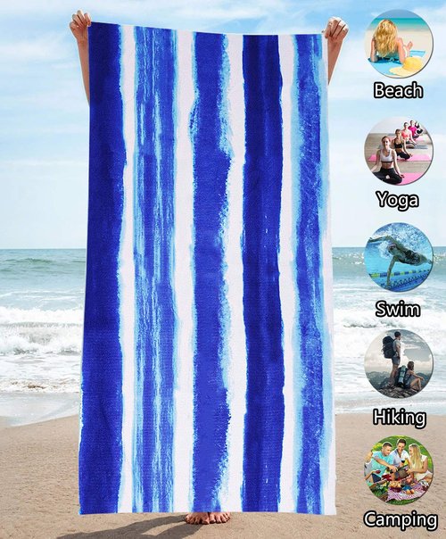 Oversized Terry Beach Towel 36 x 72 in Soft Extra Large Big Pool Swim Towels for Adult XL Clearance Big Travel Blanket Cruise Vacation Accessories Essentials Lounge Chair Cover Blue Stripe Boho