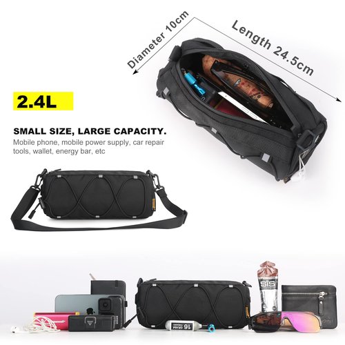 Rhinowalk Bike Handlebar Bag, Bicycle Front Bag Frame Storage Roll Bag Mountain Road Bikes Commuter Shoulder Bag Professional Cycling Accessories-Black+Black
