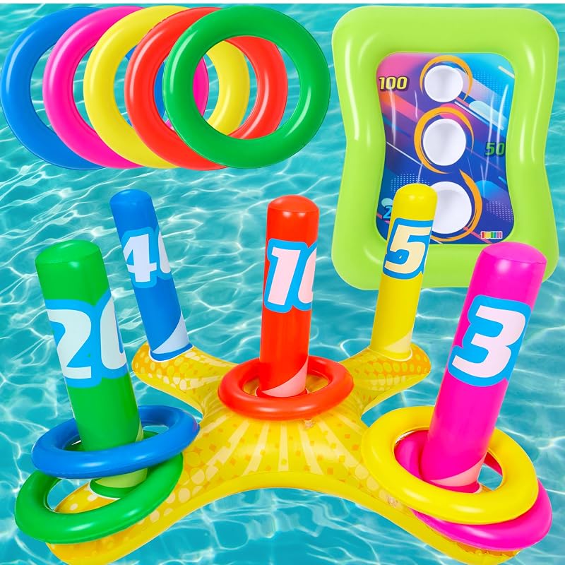 2 Sets Inflatable Pool Toss Game Combo – Ring Toss & Cornhole Pool Games for Kids & Adults