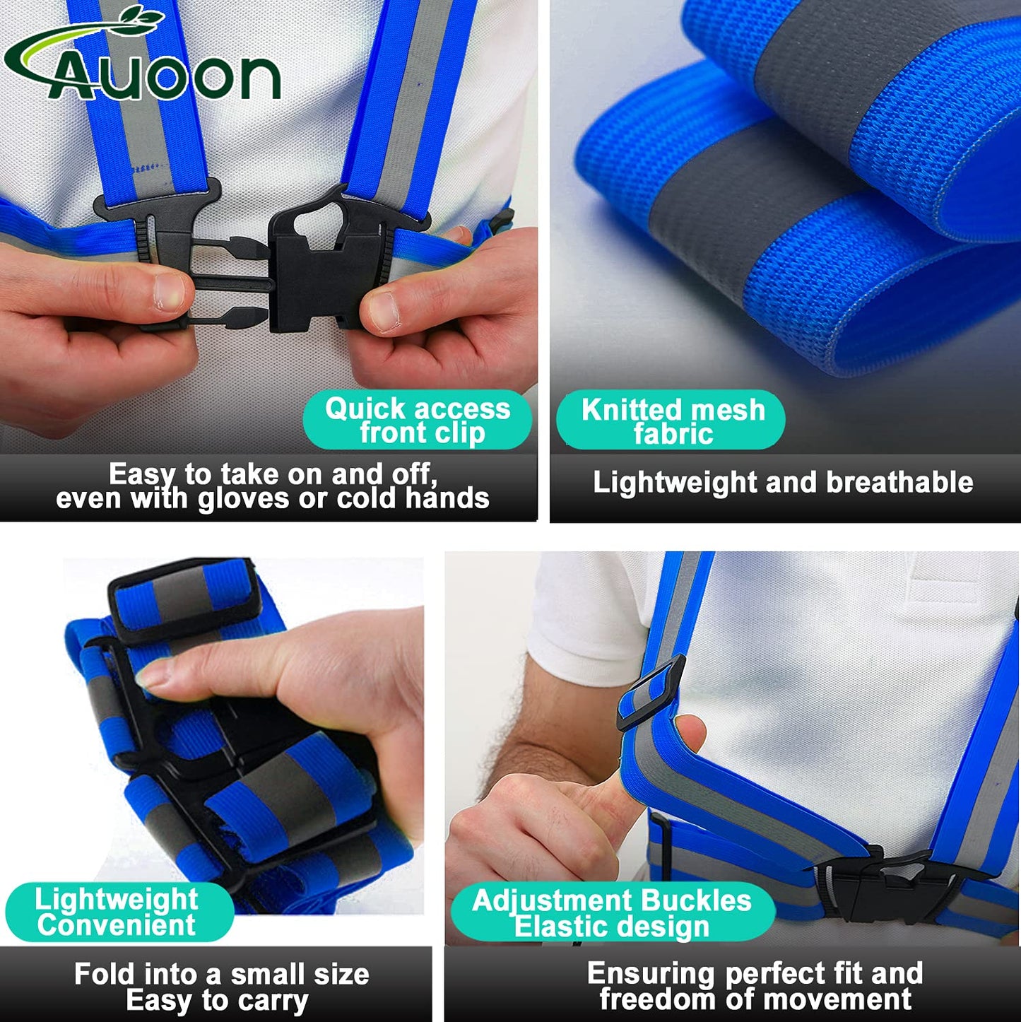AUOON Reflective Running Vest,Safety Reflective Vest with Adjustable Strap for Running,Cycling, Motorcycle and Walking,Fits over Outdoor Clothing,Breathable Waterproof Lightweight (2 Pack Black Blue)