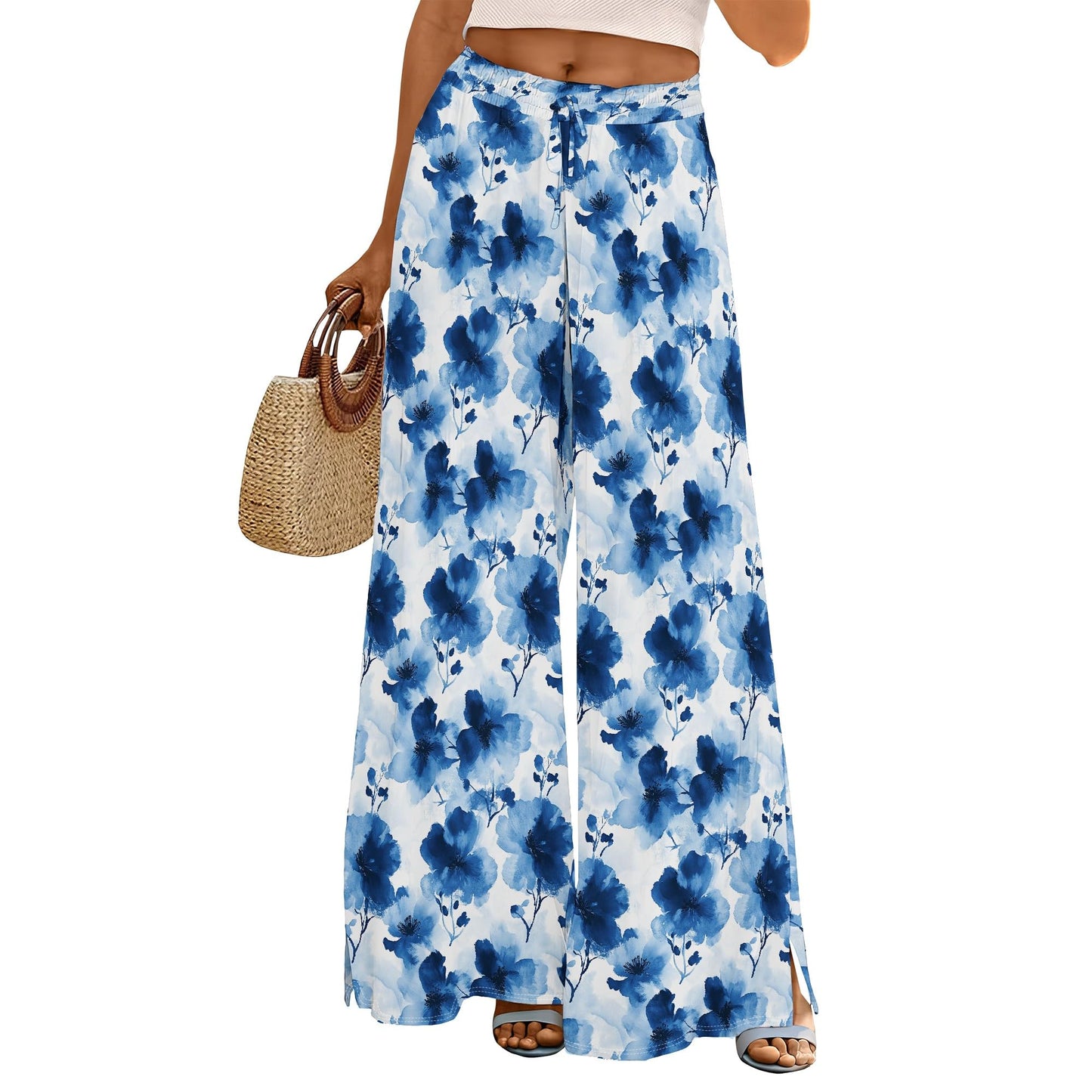 Costaric Stretch Baggy Pants Women Side Slit Drawstring Track Pants Fashion Lightweight Casual Athletic Summer Party Club Trousers with Pockets