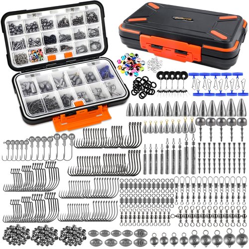 PLUSINNO 264/397pcs Fishing Accessories Kit, Organized Fishing Tackle Box with Tackle Included, Fishing Hooks, Fishing Weights Sinkers, Swivels, Beads, Fishing Gear Set Equipment for Bass Trout