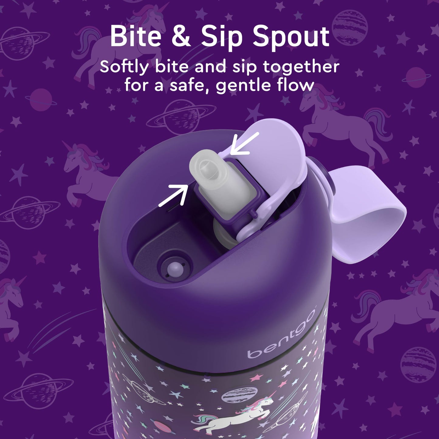 Bentgo Kids Water Bottle - Leak-Proof, Durable Tritan PFAS- & BPA-Free 15 fl oz, Kids/Toddlers Ages 3+ for School & Sports; Bite & Sip Spout, Carrying Handle, Dishwasher Safe (Unicorn)