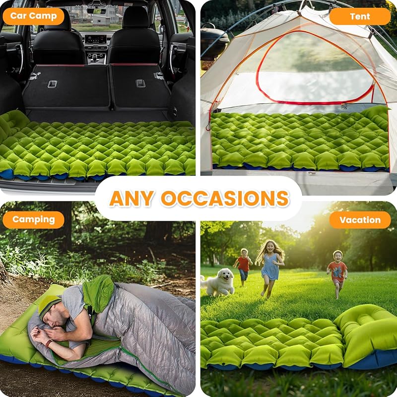 Ultralight 4in Camping Sleeping Pad with Pillow & Foot Pump — Green+Blue