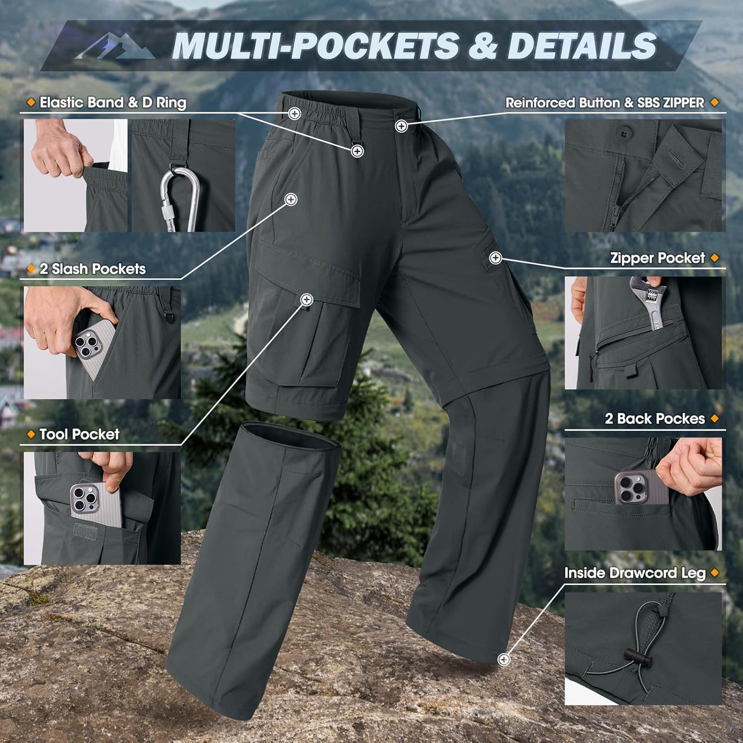 IGOLUMON Mens Hiking Pants Convertible Quick Dry Cargo Pants Water Resistant Lightweight Zip Off Outdoor Pants with 6 Pockets