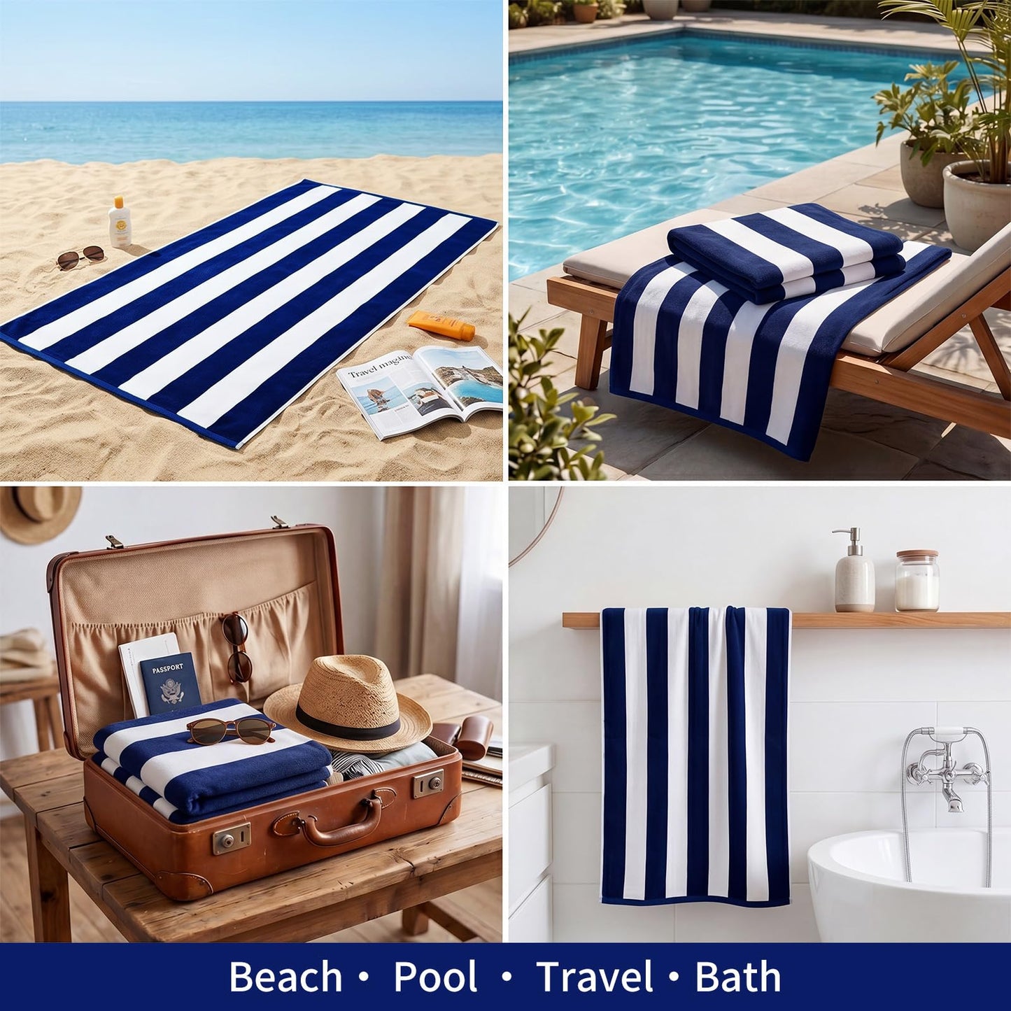 GABAO Large Beach Towel Oversized - 35"x70" Extra Big Cotton Pool Towel, XL Striped Swim Towel for Adults (Navy Blue)