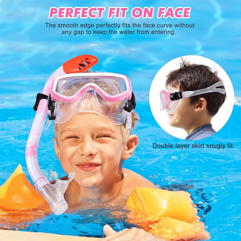 Kids Snorkel Set with Anti-Fog Mask & Dry Top Snorkel - Pink/White